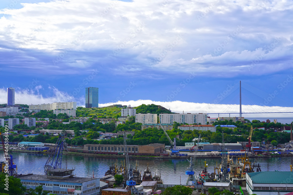 Landscape with a view of the Russian Bridge. Vladivostok