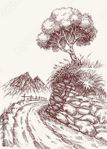 Nature drawing, mountains landscape, a narrow footpath for hiking vector illustration