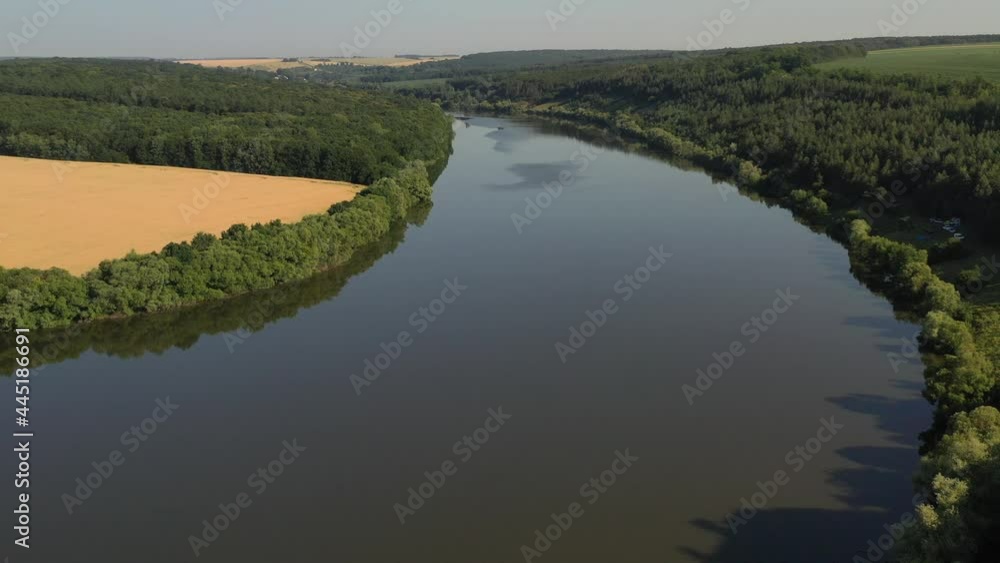 View from above. Drone shooting on the river and forest View from above. Drone shooting on the river and forest