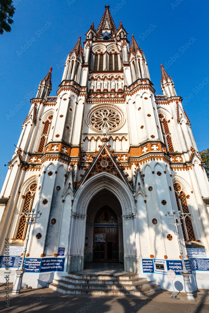 Facade of the Our Lady of Lourdes church in Trichy, Tamil Nadu, India