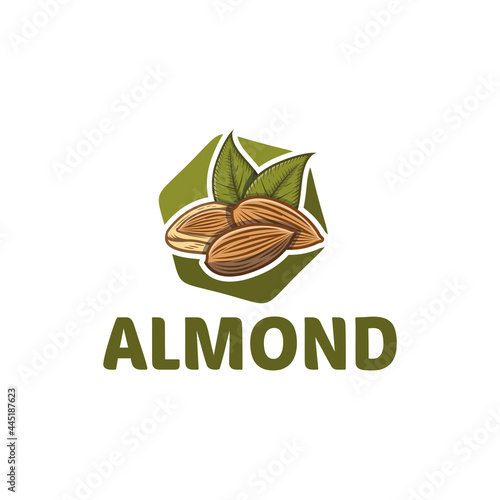 almond nut logo, green leaf on hexagon background