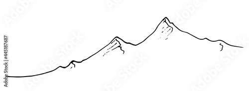 An isolated vector line is a chain of mountains. mountain peaks, drawn by hand with a black line on a white background. mountain peaks are a simple doodle-style drawing for a design template.mountain 