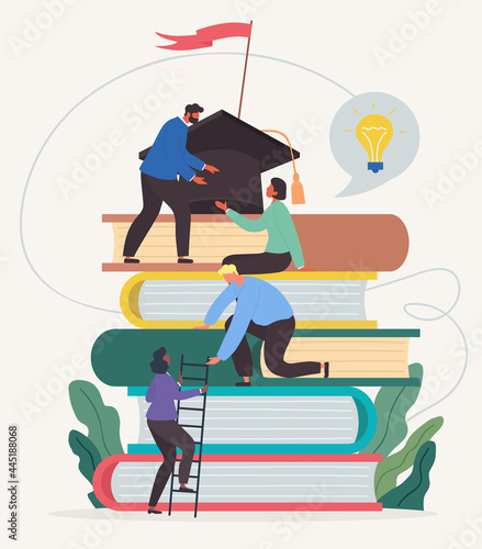 Learning progress and book reading as horizon expansion. Knowledge gain, academic studying, cognitive academic research. Smart people common support. Flat cartoon vector illustration