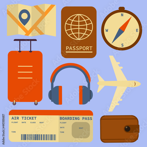 Flat design style modern vector illustration icons set of travel by plane. Vector illustration