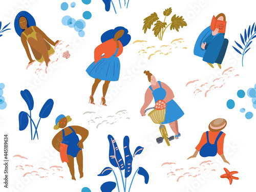 Different women on the beach, active and leisure. Seamless pattern for design, background, packaging. Vector illustration.