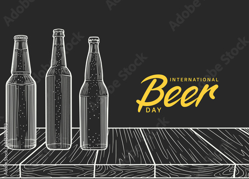 International Beer Day illustration vector design. bottle of beer isolated on black background can be use for party, celebration and festival