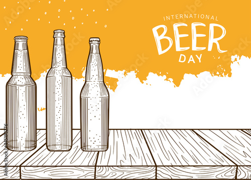 International Beer Day illustration vector design. bottle of beer isolated on white and orange background can be use for party, celebration and festival