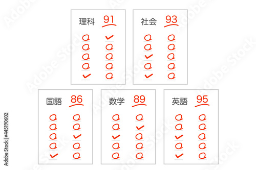 満遍なく高得点なテスト　5教科　ベクターイラスト 