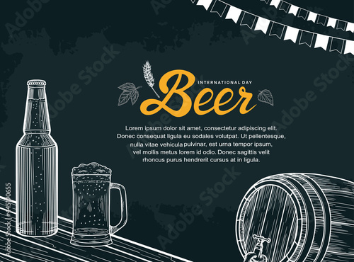 International Beer Day illustration vector design with hand drawn element isolated on black background can be use for party, celebration and festival