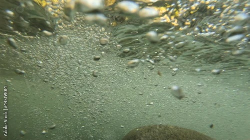 Under Water in Flowing River With Bubbles Coming Toward Camera In Slow Motion