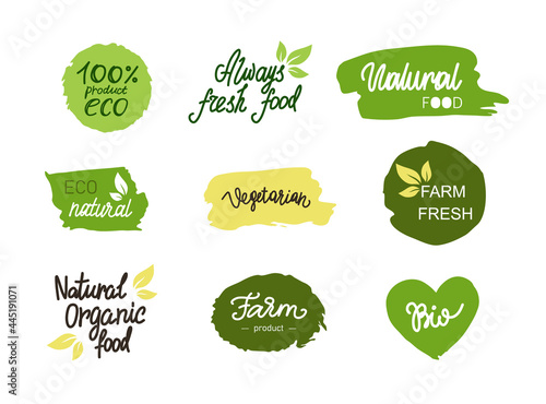 Vegetarian eco green concept
Healthy food icons, labels. Organic tags. Natural product elements. Raster illustration. Low fat stamp. Eco product.