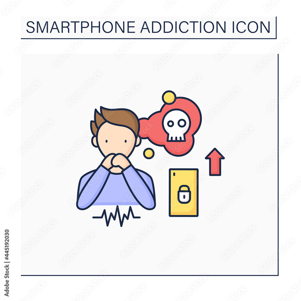 Smartphone addiction color icon. Increasing stress. Anxiety rising. Depression. Stressful situation. Overwhelmed concept. Isolated vector illustration Smartphone addiction color icon. Increasing stress. Anxiety rising. Depression. Stressful situation. Overwhelmed concept. Isolated vector illustration