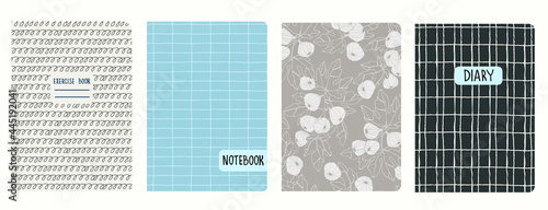 Cover page templates with fig tree branches, hand drawn gridlines, spiral lines. Based on seamless patterns. Backgrounds for school notebooks, notepads, diaries. Headers isolated and replaceable