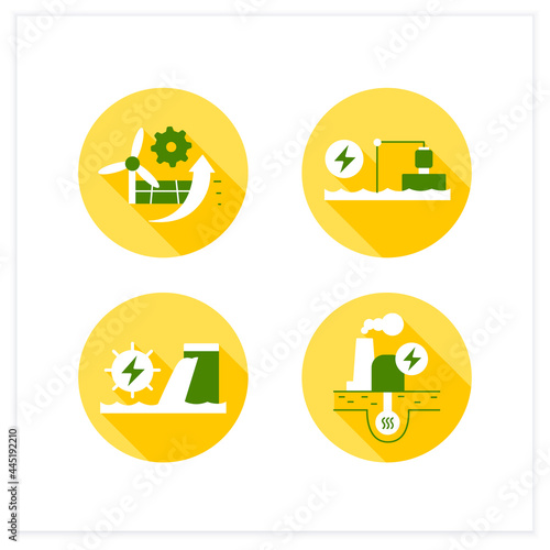 Energy flat icons set. P2X, pumped storage, hydroelectric, geothermal power stations. Electricity generation concept. Vector illustration