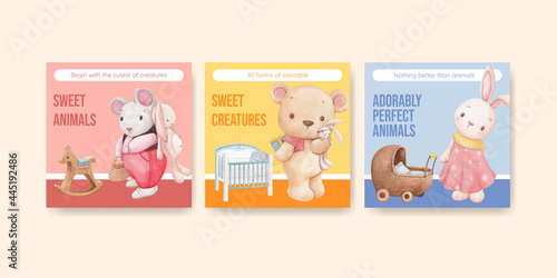 Banner template with adorable animals concept,watercolor style