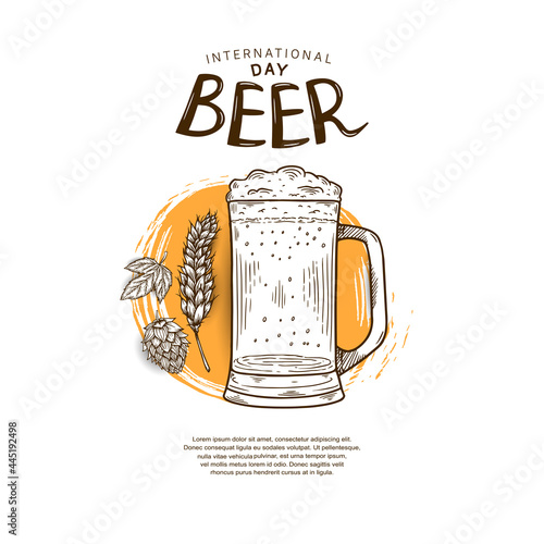 International Beer Day illustration vector design with mug of beer isolated on white background and orange brush can be use for party, celebration and festival