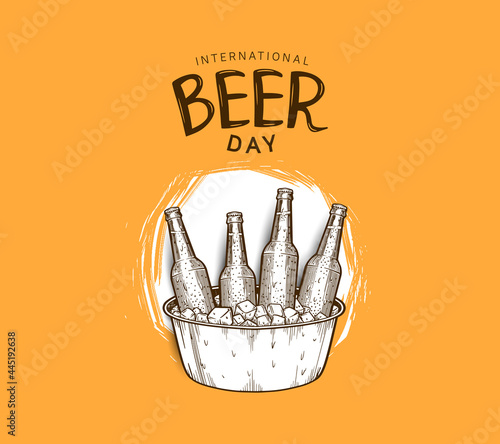 International Beer Day illustration vector design with bottle of beer in bucket isolated on orange background can be use for party, celebration and festival