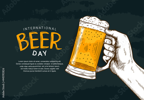 International Beer Day illustration vector design with hand holding mug of beer isolated on black background can be use for party, celebration and festival