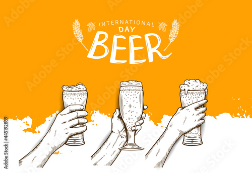International Beer Day illustration vector design with hand holding glass and mug of beer isolated on white and orange background can be use for party, celebration and festival