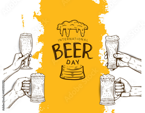 International Beer Day illustration vector design with hand holding glass and mug of beer isolated on white background can be use for party, celebration and festival