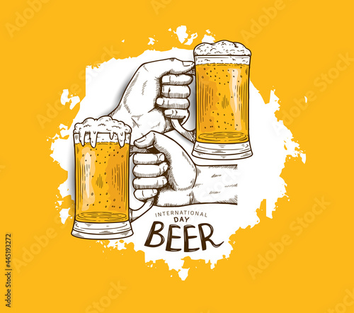 International Beer Day illustration vector design with hand holding mug of beer isolated on orange background can be use for party, celebration and festival