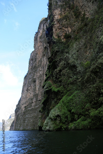 Mossy waterfall with Christmas tree shape in Sumidero Canyon, Mexico