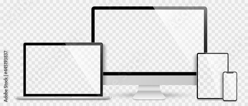 Realistic set computer, laptop, tablet and smartphone. Device screen mockup collection. Realistic mock up computer, laptop, tablet, phone with shadow- stock vector.