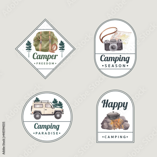 Logo design with happy camper concept,watercolor style