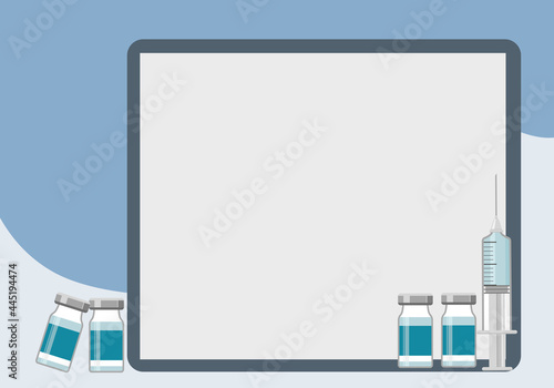 Medical disposable syringe icon with needle with coronavirus vaccine bottle. Clipboard background for instruction.