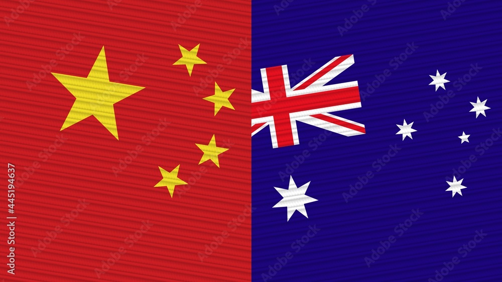 Australia and China Two Half Flags Together Fabric Texture Illustration Australia and China Two Half Flags Together Fabric Texture Illustration