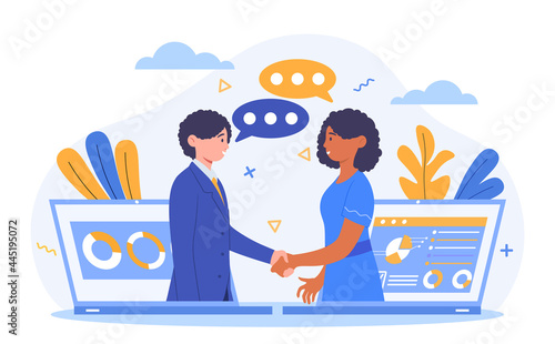 Virtual deal concept. Man and a woman shake hands through laptop screens. The heads of firms discuss the detailsmake, and make deal online. Cartoon flat vector illustration on a white background