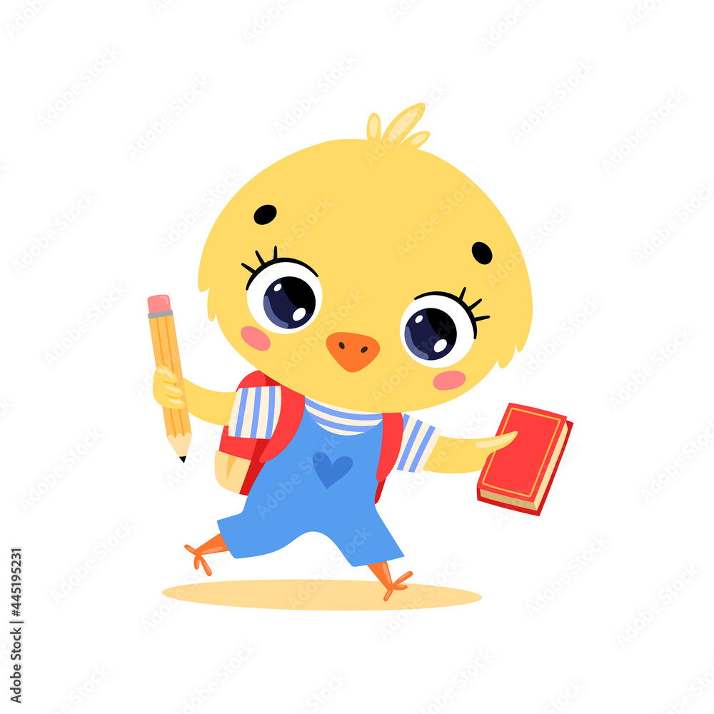 flat doodle illustration of a cute cartoon chicken going to school. Animals back to school flat doodle illustration of a cute cartoon chicken going to school. Animals back to school