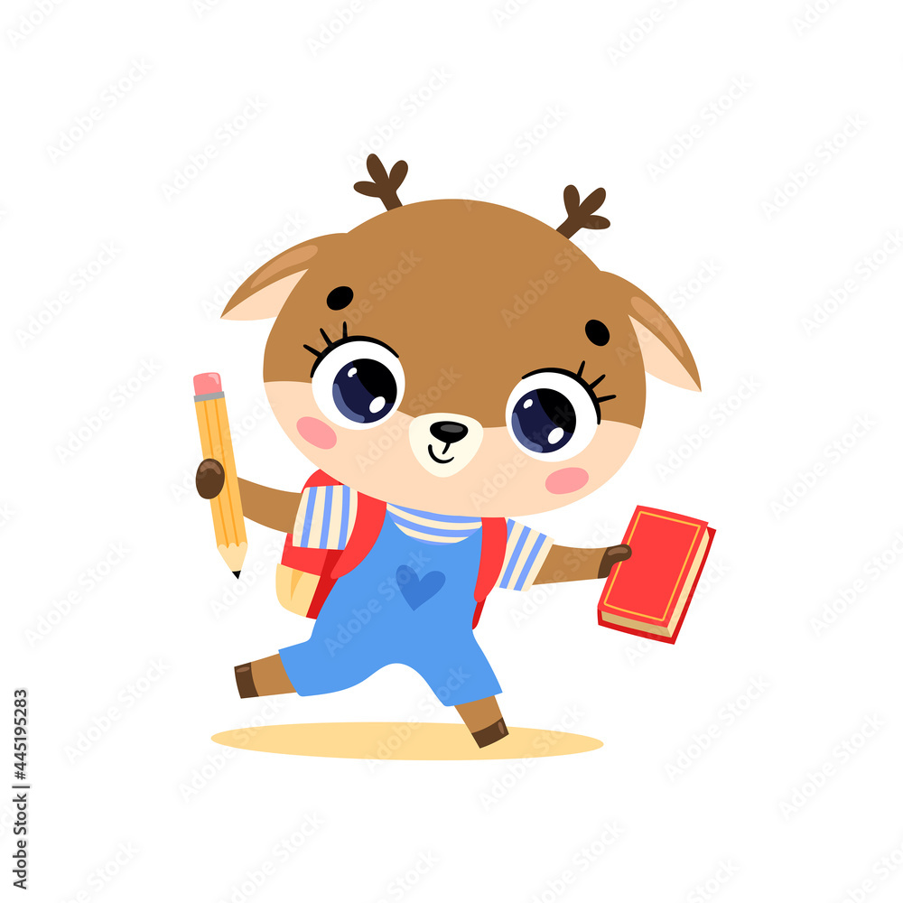 flat doodle illustration of a cute cartoon deer going to school. Animals back to school flat doodle illustration of a cute cartoon deer going to school. Animals back to school
