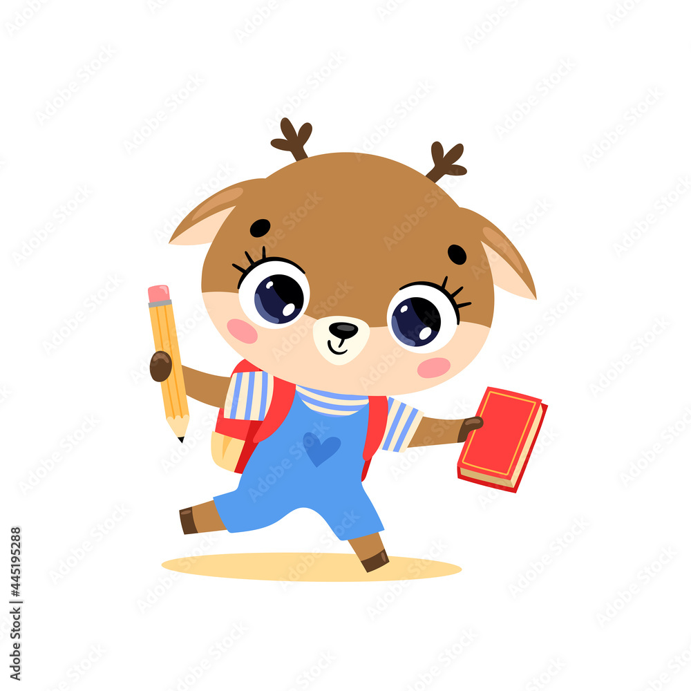 Vector flat doodle illustration of a cute cartoon deer going to school. Animals back to school Vector flat doodle illustration of a cute cartoon deer going to school. Animals back to school