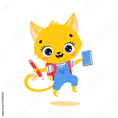 Vector flat doodle illustration of a cute cartoon cat goes to school. Animals back to school