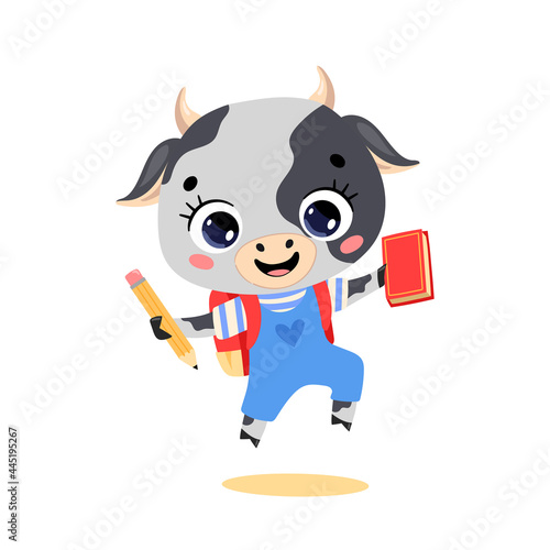 Vector flat doodle illustration of cute cartoon cow bull goes to school. Animals back to school