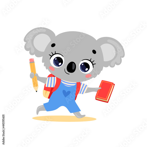Vector flat doodle illustration of cute cartoon koala going to school. Animals back to school
