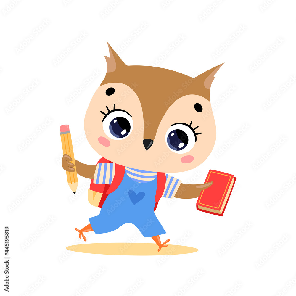 Vector flat doodle illustration of a cute cartoon owl going to school. Animals back to school Vector flat doodle illustration of a cute cartoon owl going to school. Animals back to school