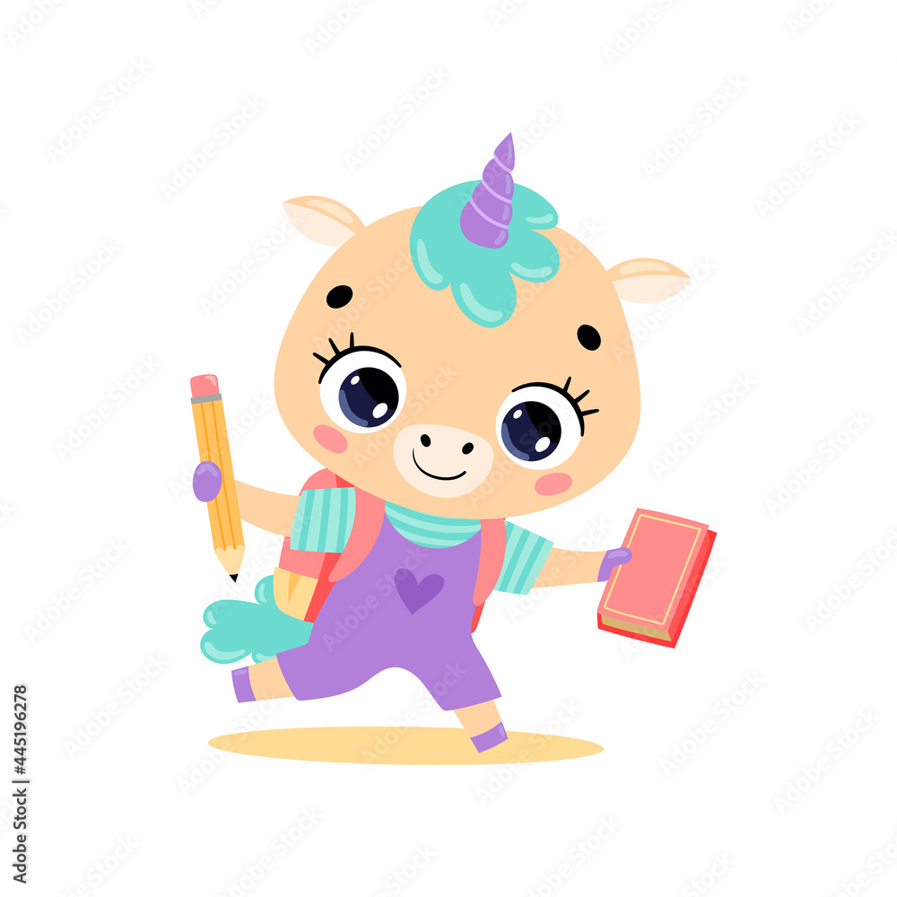 Vector flat doodle illustration of cute cartoon pony unicorn going to school. Animals back to school Vector flat doodle illustration of cute cartoon pony unicorn going to school. Animals back to school