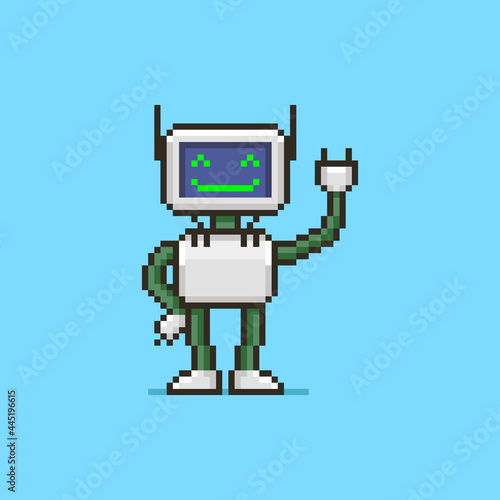 colorful simple flat pixel art illustration of cartoon smiling humanoid robot with a display instead of a face