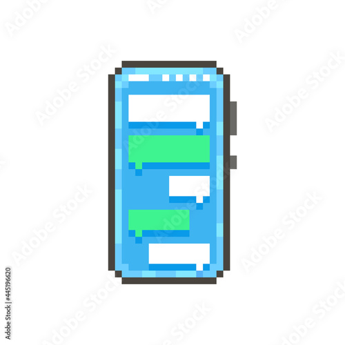 colorful simple flat pixel art illustration of modern smartphone with messager text boxes on display  photo