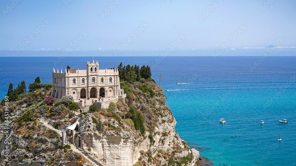 Sanctuary of Santa Maria dell Isola on top of the rock by Tyrrhenian Sea in Tropea, Calabria, Italy