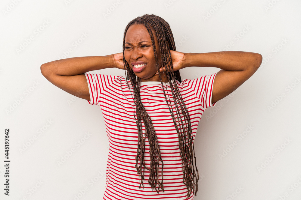 Young african american woman isolated on white background suffering neck pain due to sedentary lifestyle. Young african american woman isolated on white background suffering neck pain due to sedentary lifestyle.