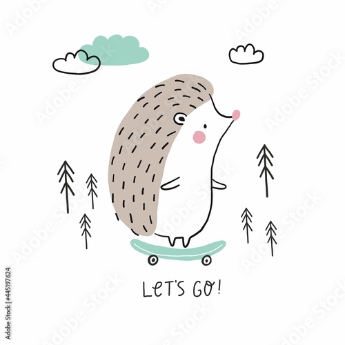 Cute cartoon hedgehog - vector illustration. Hand drawing hedgehog for greeting card and poster. Cute little hedgehog 