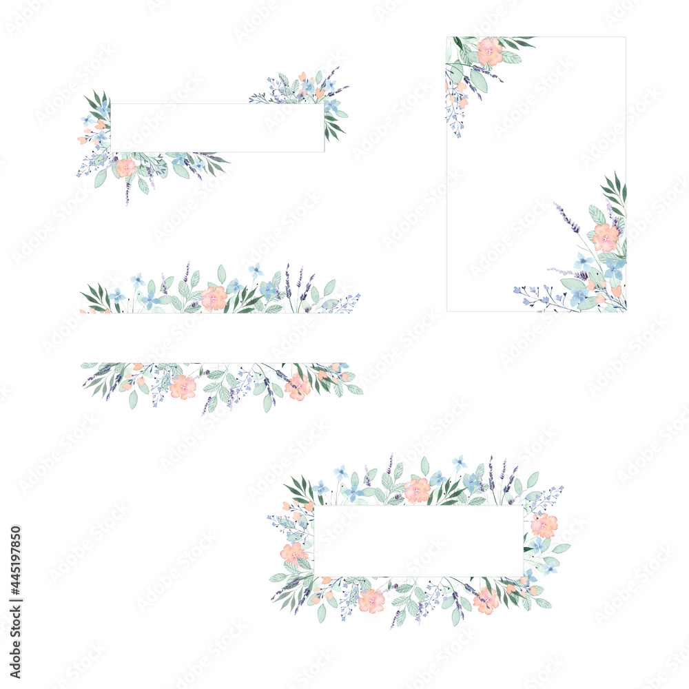 Four floral frames set. Hand drawn wild flowers.