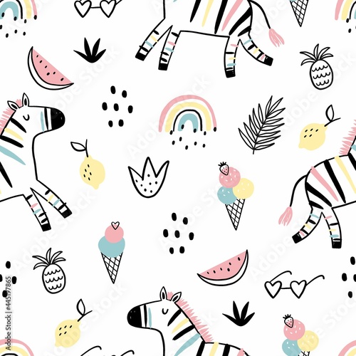 Cute cartoon Hand drawn zebra - vector seamless pattern. Print for textile  fabric and poster.