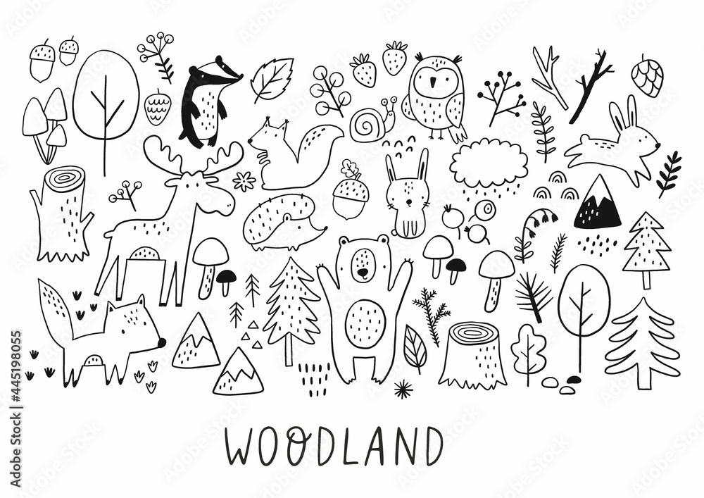 Scandinavian hand drawn Woodland - vector illustration. Cute animals and nature monohrome design for kids. Scandinavian wall art. 