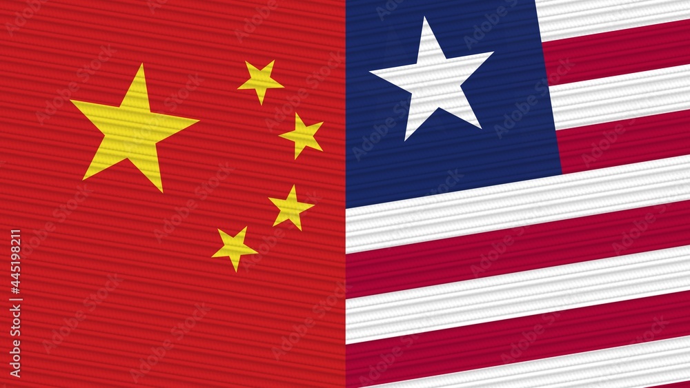 Liberia and China Two Half Flags Together Fabric Texture Illustration