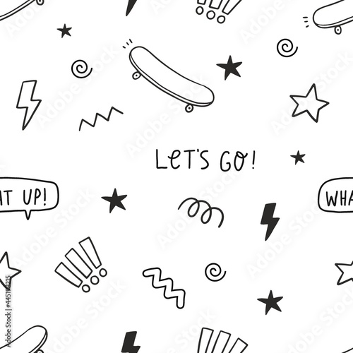 Hand drawn abstract pattern with sckateboard and abstract design element in doodle style. Seamles pattern