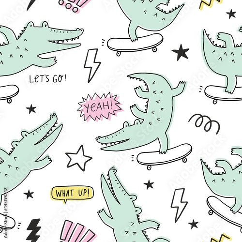 Cute cartoon hand drawn crocodile. Vector seamless pattern with character silhouette alligator. Crocodile on skater in doodle style